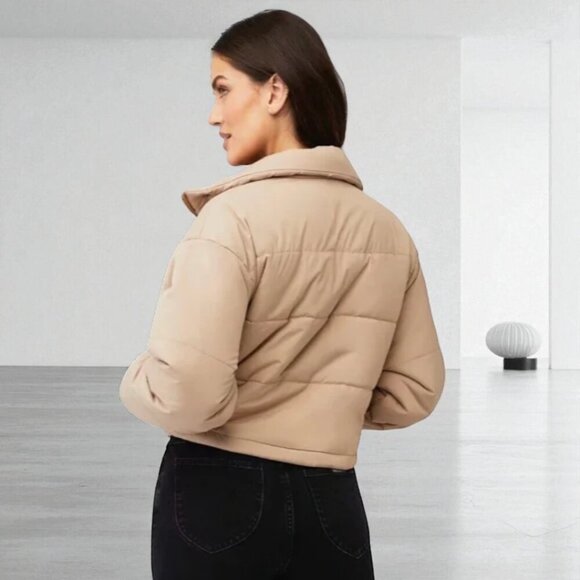 THE FIFTH LABEL Remake Puffer Tan Bomber Jacket Cropped Size Medium - Picture 2 of 14